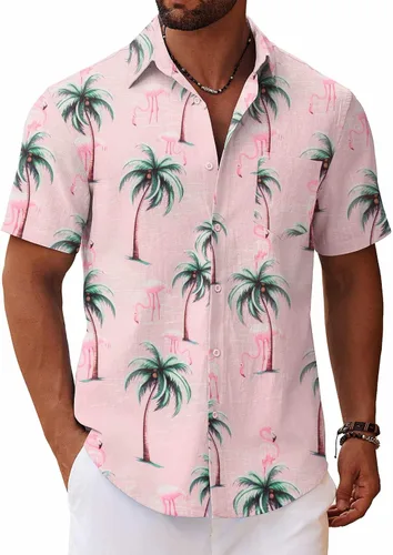 Vista 18 de COOFANDY Camisa de manga corta con botones para hombre, casual, de algodón, para verano, playa, lino, para boda, con bolsillo