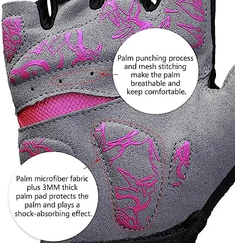 Vista 2 de DuShow Guantes de ciclismo de medio dedo para mujer, acolchados de gel, antideslizantes, absorben los golpes, para montaña, carretera, bicicleta