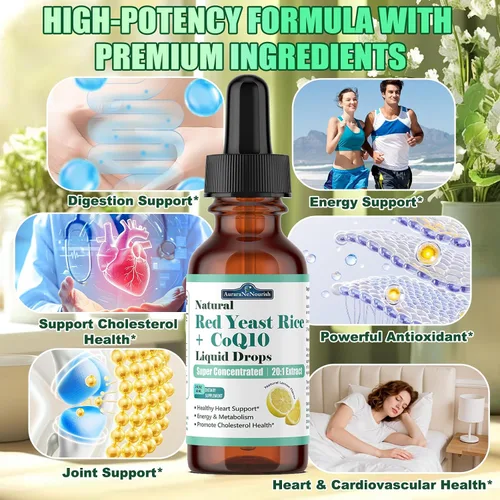 Vista 3 de Arroz de levadura roja liposomal con gotas líquidas Coq10, 5 en 1 extra fuerte 1200 mg de colesterol y apoyo cardíaco con ácido alfa lipoico