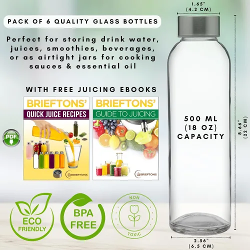 Vista 2 de Brieftons Botellas de agua de vidrio transparente con tapas: paquete de 6, lima de soda premium de 18 onzas, botella de bebida reutilizable, tarro