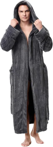 Vista 24 de KEMUSI Bata suave tipo herringbone con capucha para hombre, bata de spa de longitud completa, cómoda y cálida de noche Negro