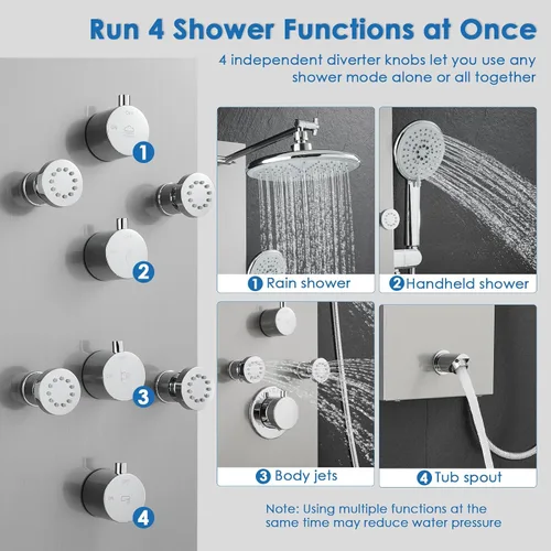 Vista 3 de Sistema de panel de ducha OUGOO - Utiliza 4 funciones simultáneamente: ducha de lluvia, chorros corporales, boquilla de mano y bañera, columna