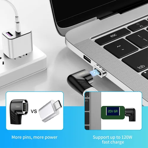 Vista 5 de Adaptador magnético USB C, conector tipo C de ángulo recto, carga rápida PD de 120 W, velocidad de transferencia de 480 Mbps, compatible