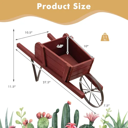 Vista 7 de HAPPYGRILL Planta de carro de carretilla, maceta pequeña de madera de pino maciza con soporte de metal triangular, 2 asas de ahorro de energía