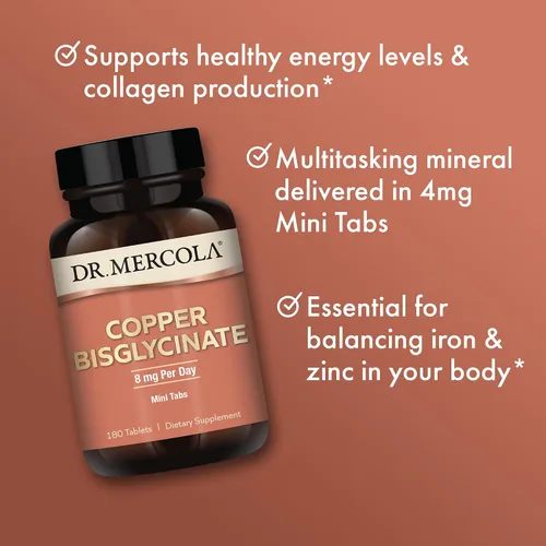Vista 4 de Dr. Mercola Cobre Bisglicinato, 90 porciones (180 tabletas), suplementos dietarios, 8 mg por día, mini tabletas, favorece la salud general, sin OMG