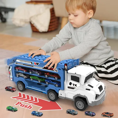 Vista 5 de Juguetes de coche y camiones para niños pequeños, camiones de transporte de juguete para niños de 3 a 5 y 4 a 8 años, juegos de pistas de carreras
