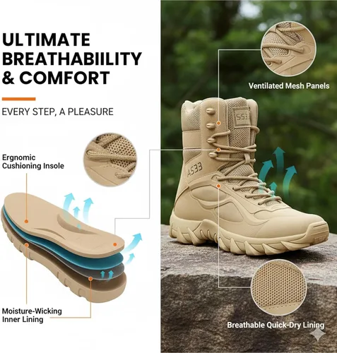 Vista 6 de Kervaky Botas tácticas militares para hombre ligeras, botas de trabajo tácticas transpirables para hombre, botas de combate de la jungla, botas