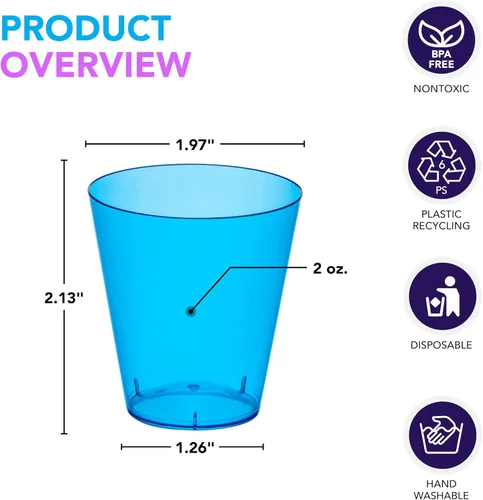 Vista 2 de Party Essentials Vasos de disparo de plástico duro de 2 onzas, azul neón, 50
