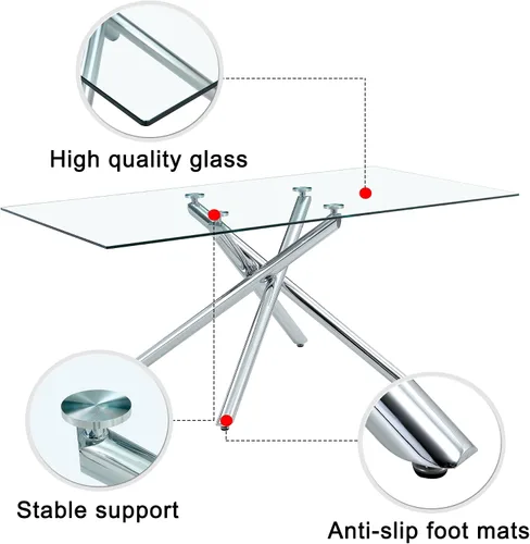 Vista 9 de Mesa de comedor rectangular de cristal minimalista grande y moderna para 4 y 8 personas con mesa de vidrio templado de 0.39 pulgadas y patas