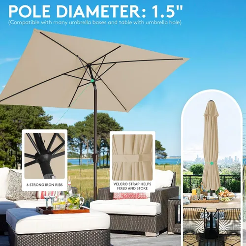 Vista 6 de JEAREY Sombrilla rectangular de olefina de 6.5 x 10 pies, sombrilla rectangular para exteriores con sistema de manivela de inclinación automática