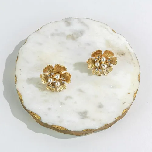 Vista 3 de Laura Ashley Joyas para mujer Pendientes florales de oro con flores grandes con cristal