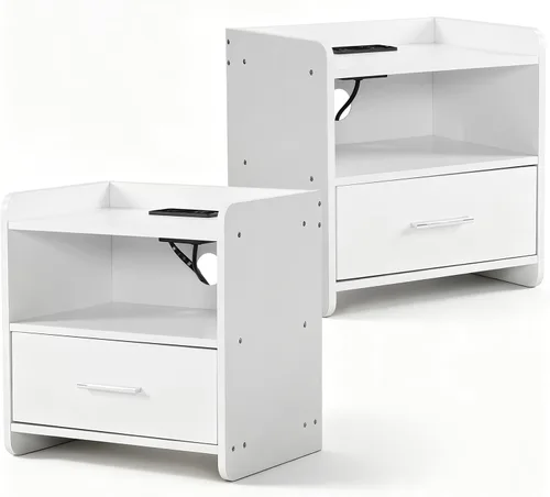 Vista 10 de Karl home - Juego de 2 mesitas de noche de madera blanca, moderna para dormitorio Wood Bedside Table Set with Open Storage Shelf, Multi-scene