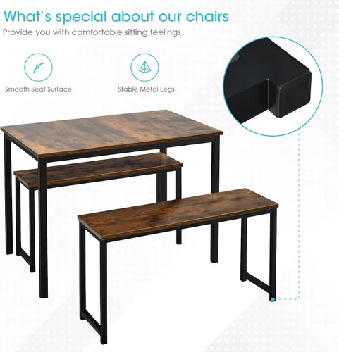 Vista 4 de COSTWAY Juego de mesa de comedor de 3 piezas para 4, mesa de cocina rectangular con 2 bancos, juego de mesa industrial de altura de mostrador