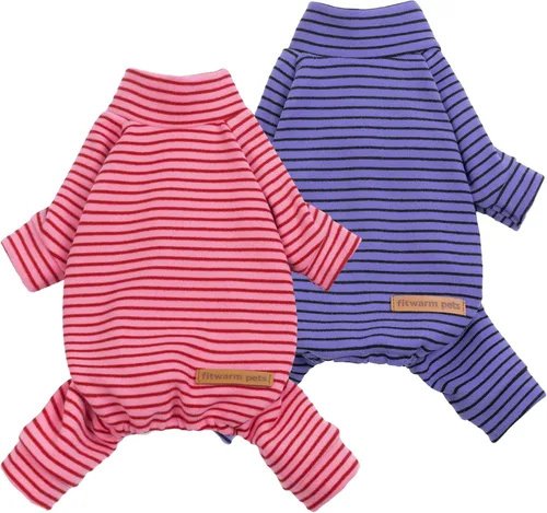 Vista 10 de Fitwarm Paquete de 2 pijamas de forro polar a rayas, ropa cálida de invierno para perros pequeños, niños y niñas, mameluco ligero para mascotas
