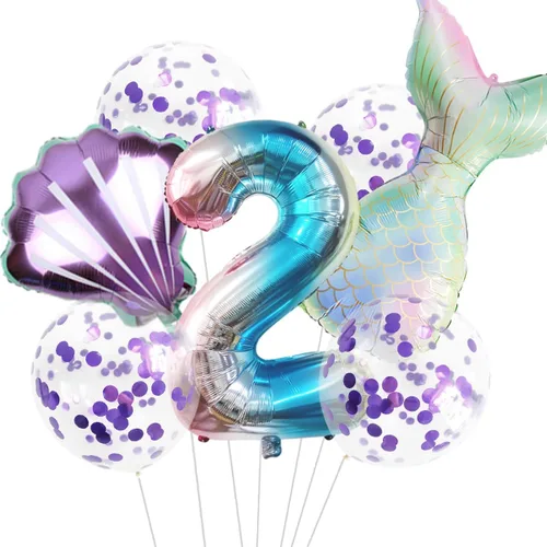 Vista 22 de 7 globos de sirena con números para fiesta de cumpleaños de 1, 2, 3, suministros de decoración de cola de sirena para niñas (número 0)