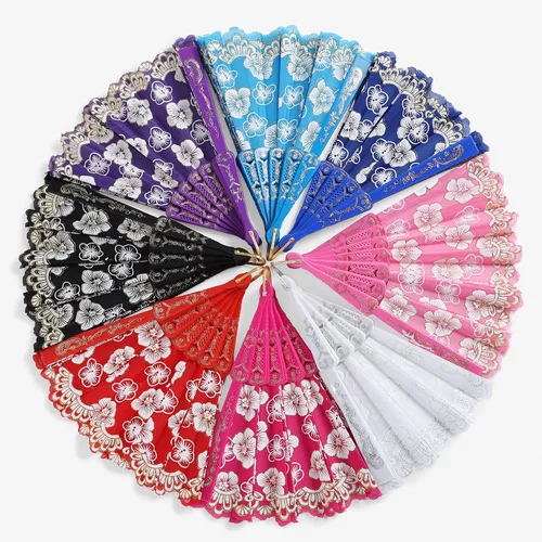 Vista 5 de BABEYOND - Abanicos de mano plegables florales, abanicos vintage de encaje, con patrones de flores de ciruela, abanicos de tela para bodas, bailes