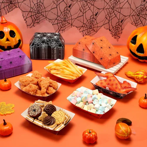 Vista 5 de Yinkin 100 bandejas de papel de Halloween para alimentos, bote de comida