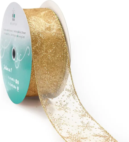 Vista 10 de Cinta con alambre de organza con copos de nieve dorados de champán para decoración navideña del hogar, lazo para la parte superior del árbol