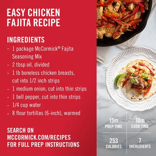 Vista 9 de McCormick Mezcla de condimentos, para fajitas estilo restaurante en casa. Se puede utilizar con: pollo, filete, camarones, verduras, 1.12 oz