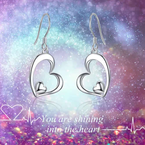 Vista 6 de WINNICACA Aretes colgantes de plata de ley con forma de corazón, joyería de corazón, regalos de cumpleaños para mujeres