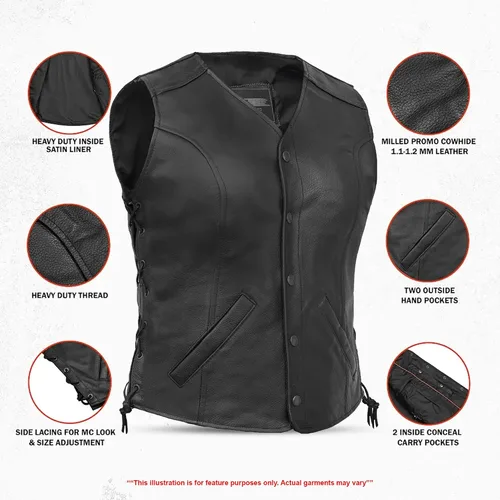Vista 4 de Daniel Smart Motorcycle Vest for Women Open Neck Leather Vest with Unique Design and Inside Carry Pockets