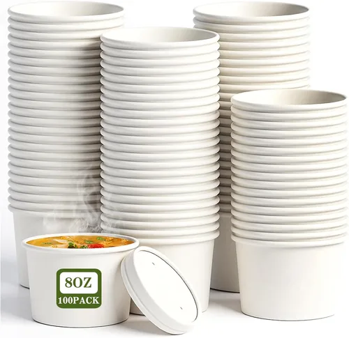 Vista 11 de Paquete de 100 recipientes de papel de 4 onzas para sopa con tapas ventiladas, recipientes desechables para alimentos, tazas de helado de estraza