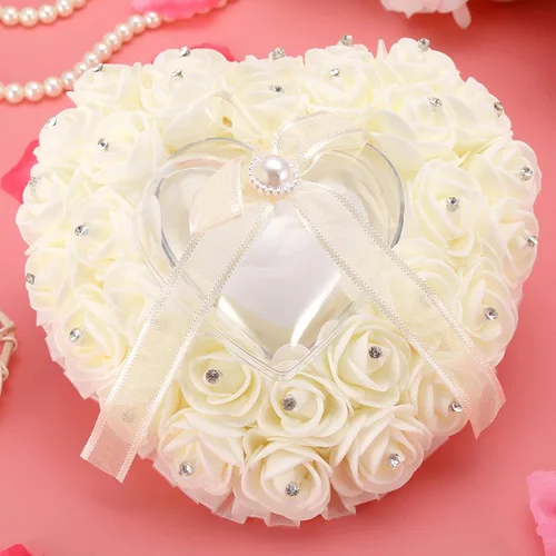 Vista 4 de GOTOTOP Almohada de boda, romántica de encaje de cristal rosa de boda en forma de corazón, cojín con cinta perla ceremonia de boda (blanco lechoso)