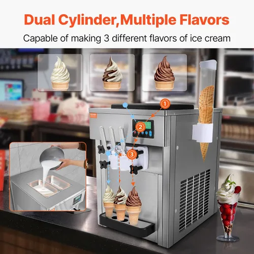 Vista 4 de Máquina comercial de helados VEVOR, máquina de helado de servicio suave de 21 QT/H con panel LCD, limpieza automática, pre-enfriamiento para 3