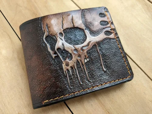 Vista 5 de Melting Skull, Zombie, Skeleton, Men's 3D Genuine Leather Wallet, Hand-Carved, Hand-Painted, Leather Carving, Custom wallet, Personalized wallet
