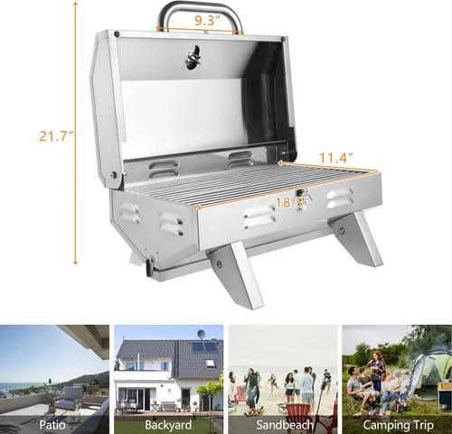 Vista 6 de ROVSUN Parrilla portátil de gas propano de 12,000 BTU, parrilla de cocina al aire libre para picnic, camping, caravana, patio, jardín, barbacoa