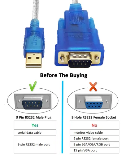 Vista 5 de DTech Cable adaptador USB a serie con chipset FTDI FT232RL DB9 RS232 puerto macho compatible con Windows 11 10 8 7 y Mac Linux (6 pies)