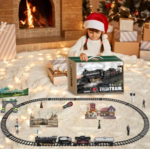 Vista 9 de Juego de tren eléctrico con control remoto de Navidad, locomotora de vapor, vagón de carga y pistas, juguetes de tren recargables para niños con 3