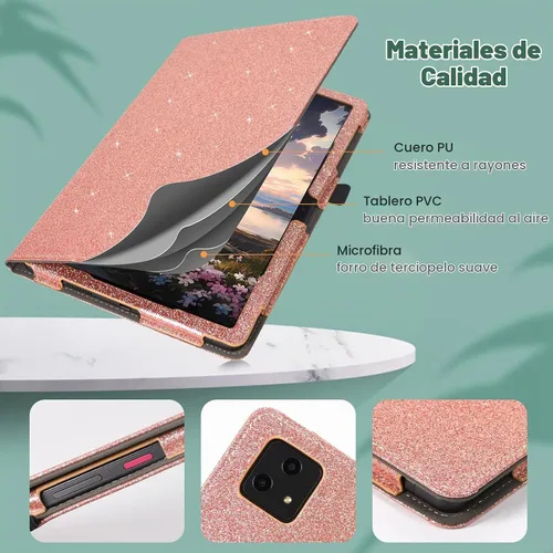 Vista 5 de Funda para tablet T-Mobile Revvl Tab 5G - Funda de piel sintética con soporte para lápices, purpurina oro rosa