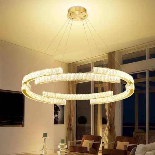 Vista 10 de D40''+D27.5''+D15.7'' Moderna lámpara de araña de oro de 3 anillos de cristal para sala de estar, luz colgante de cristal, entrada de vestíbulo Oro