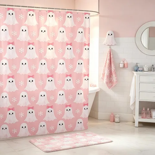 Vista 26 de Happy Halloween Shower Curtain,Bowknot Snowflake Pattern Bathroom Curtains,Sweet Ghost Holiday Theme Waterproof Bath Curtain,Black Bathroom Curtains