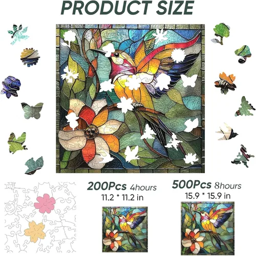 Vista 8 de Qiuenisray Rompecabezas de madera para adultos, rompecabezas de colibrí de vidrio emplomado de 200 piezas, rompecabezas de madera
