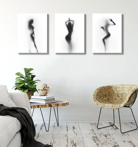 Vista 6 de Arte de pared para decoración de baño, 3 piezas, arte de pared en blanco y negro, pósteres sexys, impresión en lienzo, pintura de silueta nebulosa
