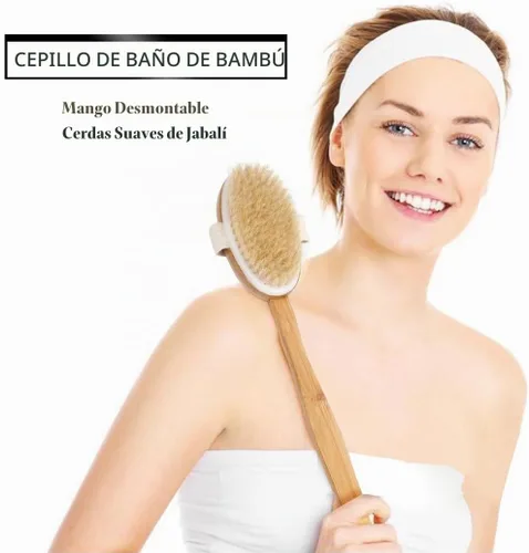Vista 7 de Cepillo corporal de baño y ducha, cepillado de piel seca con cerdas de jabalí 100% naturales y mango desmontable de bambú de 16 pulgadas de largo