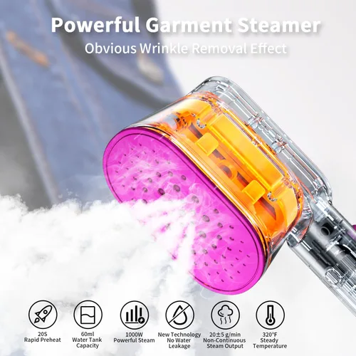 Vista 4 de Vaporizador portátil de mano para ropa, vapor de 1000 W para viajes y hogar, removedor de arrugas de tela 2 en 1, calentamiento rápido 20S, plancha