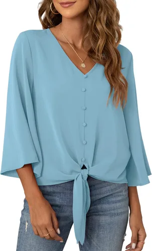 Vista 32 de VIISHOW Blusas de verano para mujer, con botones, cuello en V, de gasa, mangas acampanadas de 3/4, con nudo, casuales 01 Blanco