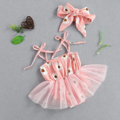 Vista 9 de Bebé recién nacido niña floral mameluco vestido de verano correas margaritas flores gasa tutú falda mono con diadema