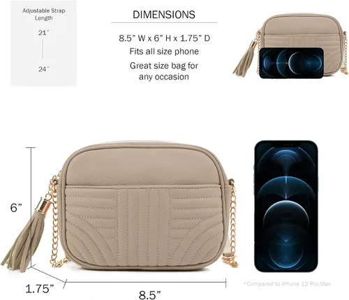 Vista 4 de EVVE Bolsos cruzados acolchados para mujer, elegante bolsa para cámara con borla, bolso de hombro ligero de tamaño mediano