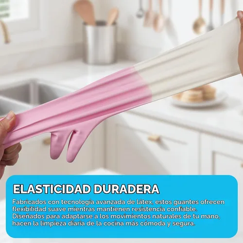 Vista 6 de Household Rubber Gloves Non-Slip Dishwashing Cleaning for Kitchen & Bathroom Reusable (2 Pairs Pink+Blue)