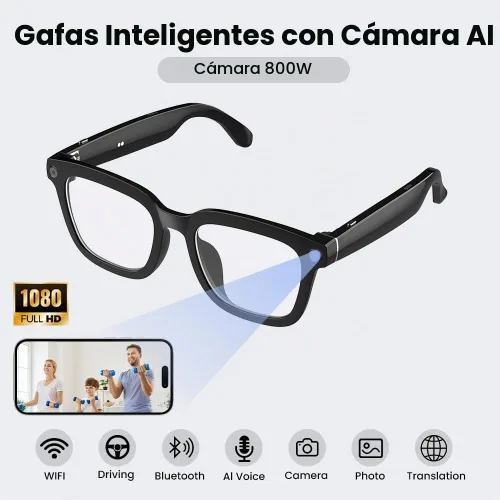 Vista 5 de Al Smart Glasses, cámara HD 1080p con funciones de música y llamadas, gafas inteligentes Ai con Bluetooth para grabación de video remota, control