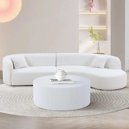 Vista 4 de Mesa de centro moderna redonda blanca de tambor de madera, mesas auxiliares circulares de gran tamaño, juego de mesa auxiliar para sala de estar