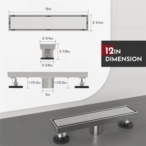 Vista 2 de WEBANG Drenaje de ducha lineal de 12 pulgadas, desagüe de piso rectangular con accesorios, cubierta reversible 2-en-1, rejilla de inserción