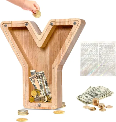 Vista 20 de Alcancía de Madera Personalizada con Letras del Alfabeto, Banco de Monedas con Letras del Alfabeto para Niños, Niñas y Bebés, Tamaño Grande, 26