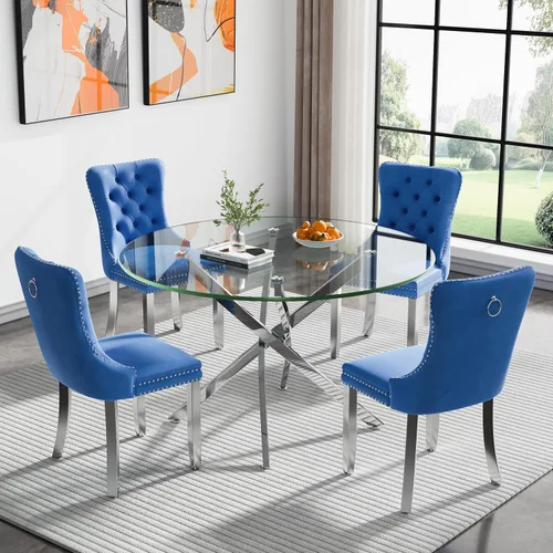 Vista 47 de Juego de mesa de comedor SSLine moderno de 3 piezas con mesa redonda de vidrio para 2, lujosa mesa de comedor circular de 36" con tapa de vidrio