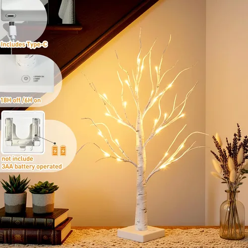 Vista 4 de EAMBRITE Árbol de abedul iluminado para decoración de Navidad para interiores para el hogar, paquete de 24 luces LED, funciona con baterías/USB