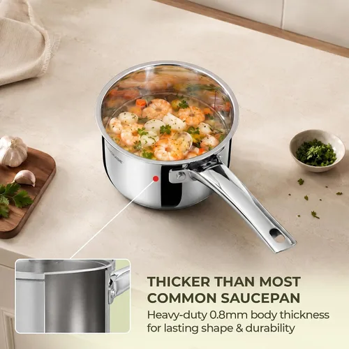 Vista 6 de SUNHOUSE - Sartén de acero inoxidable de 1.5 cuartos de galón con tapa, olla pequeña para cocinar PFOA-Free Uncoated Milk Pan & Butter Warmer